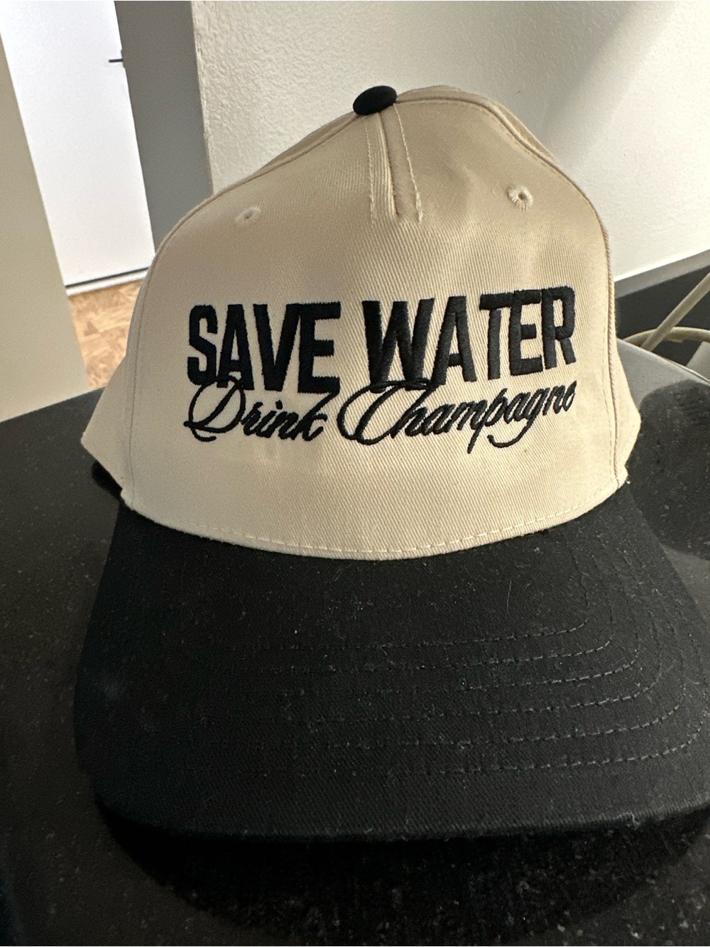 Save Water Drink Champagne Two-Tone Baseball Cap - Black & Cream